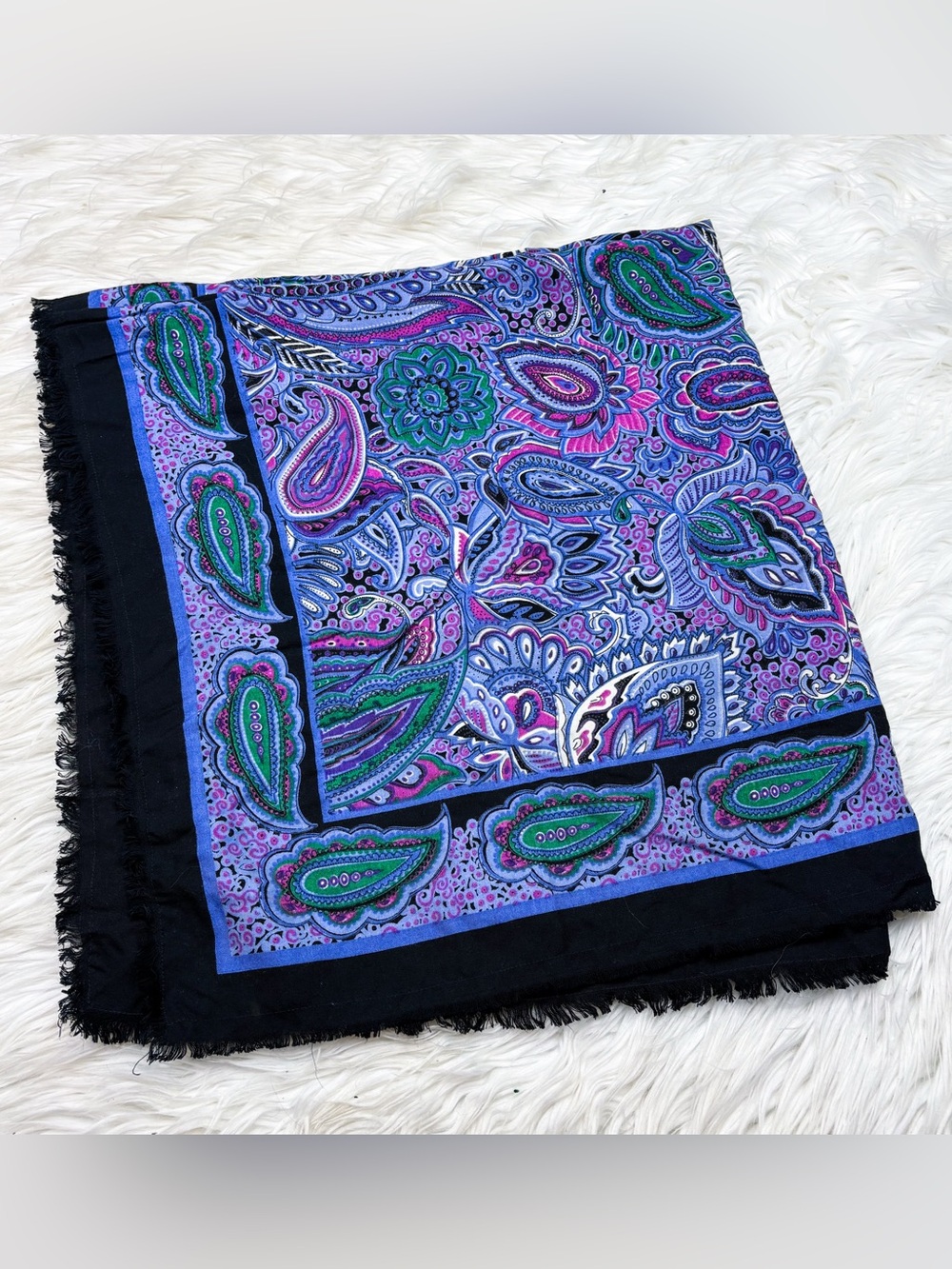 Vintage Paisley Fringe Square Scarf Shawl Bandana Wrap Purple Black Blue Cotton